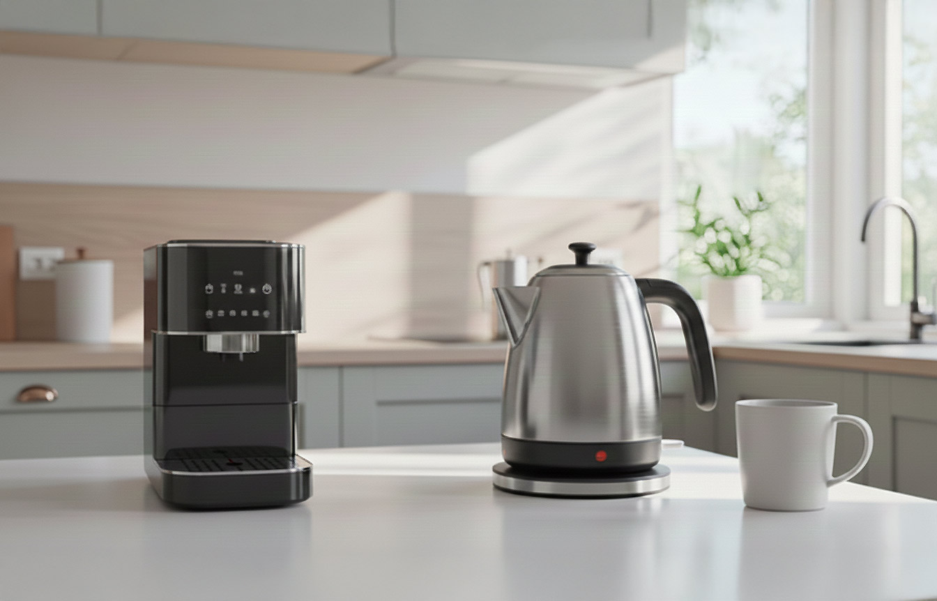 Kaffeemaschine, Wasserkocher und eine weiße Tasse stehen im Vordergrund auf einer Kochinsel in einer modernen Küche